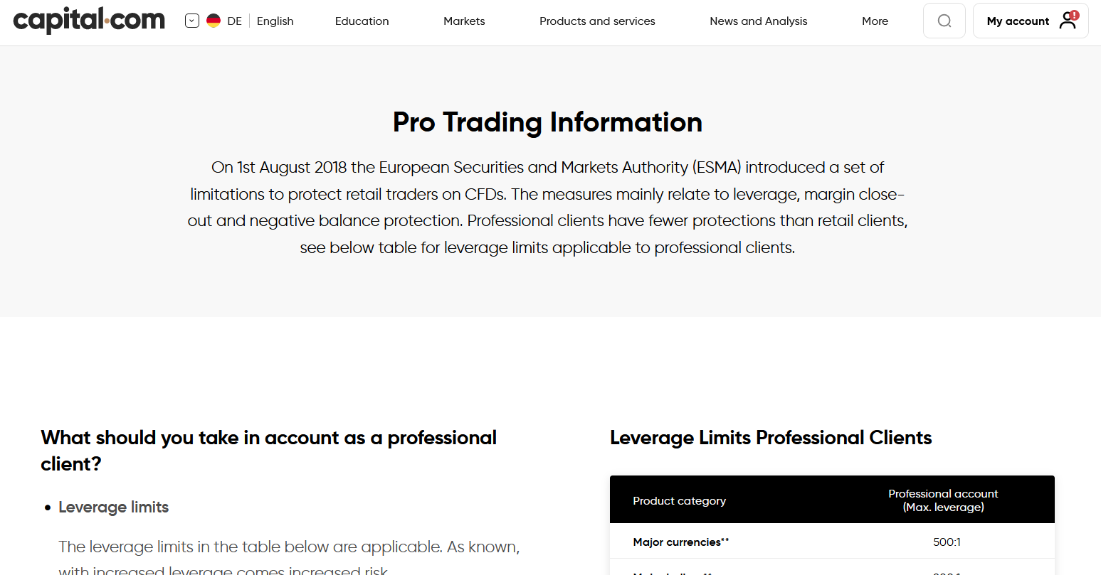 Infos zum Profi Trading Account auf der Website von Capital.com