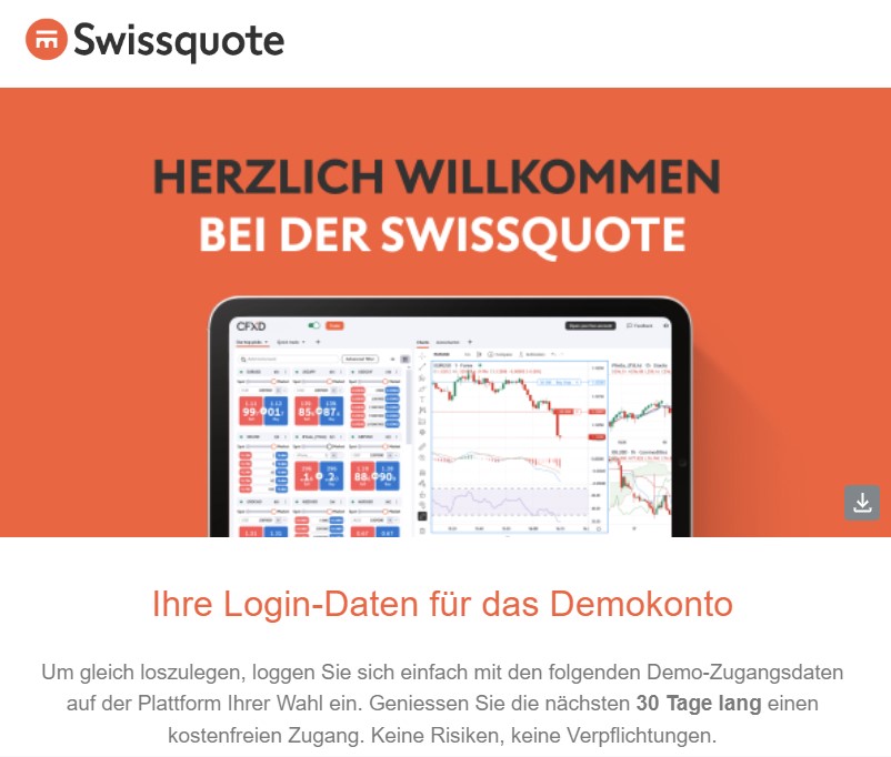 Demokonto Bestätigungsmail Swissquote