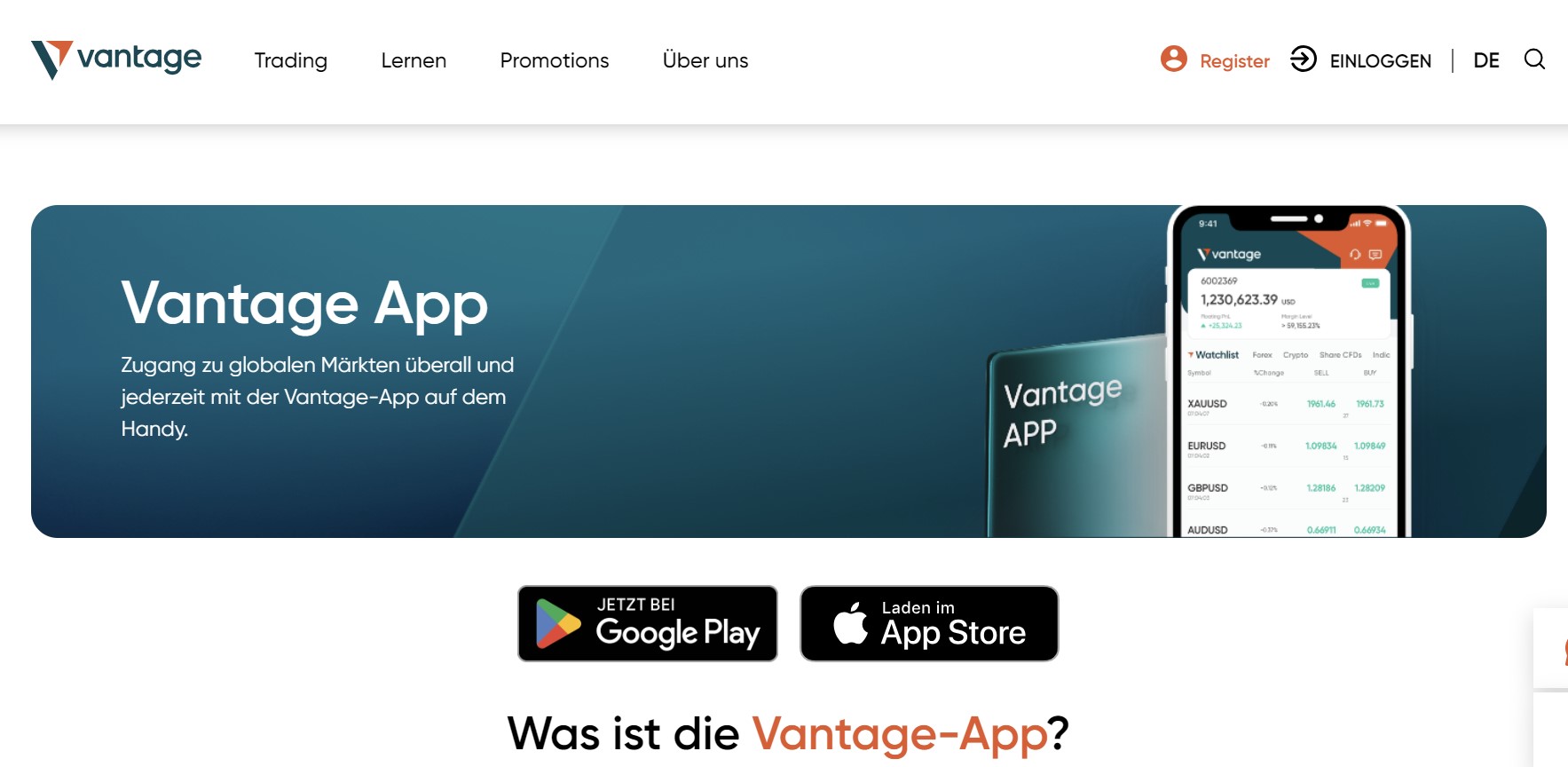 Vantage Markets App auf der Webseite 