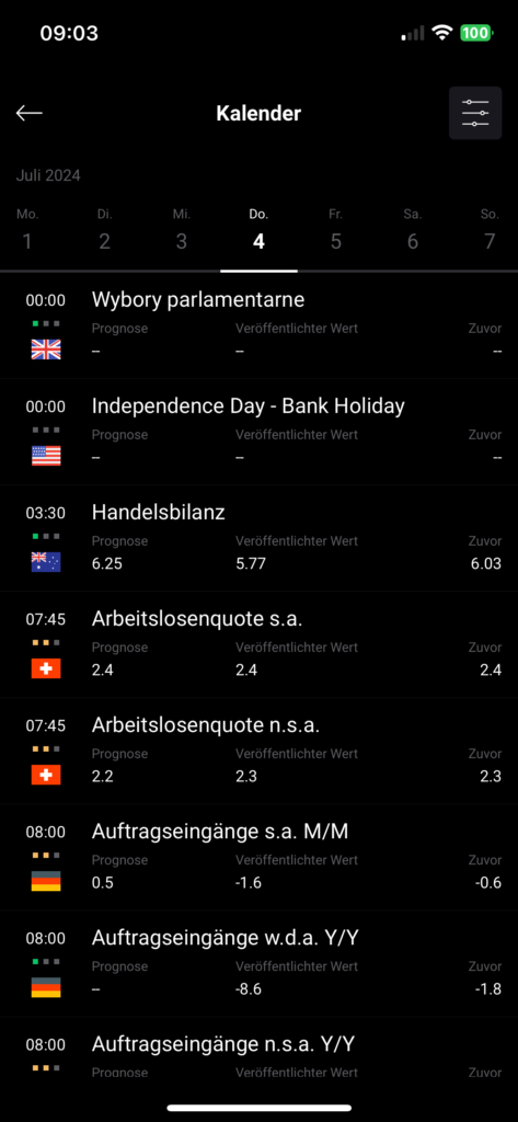 Börsenkalender in XTB App