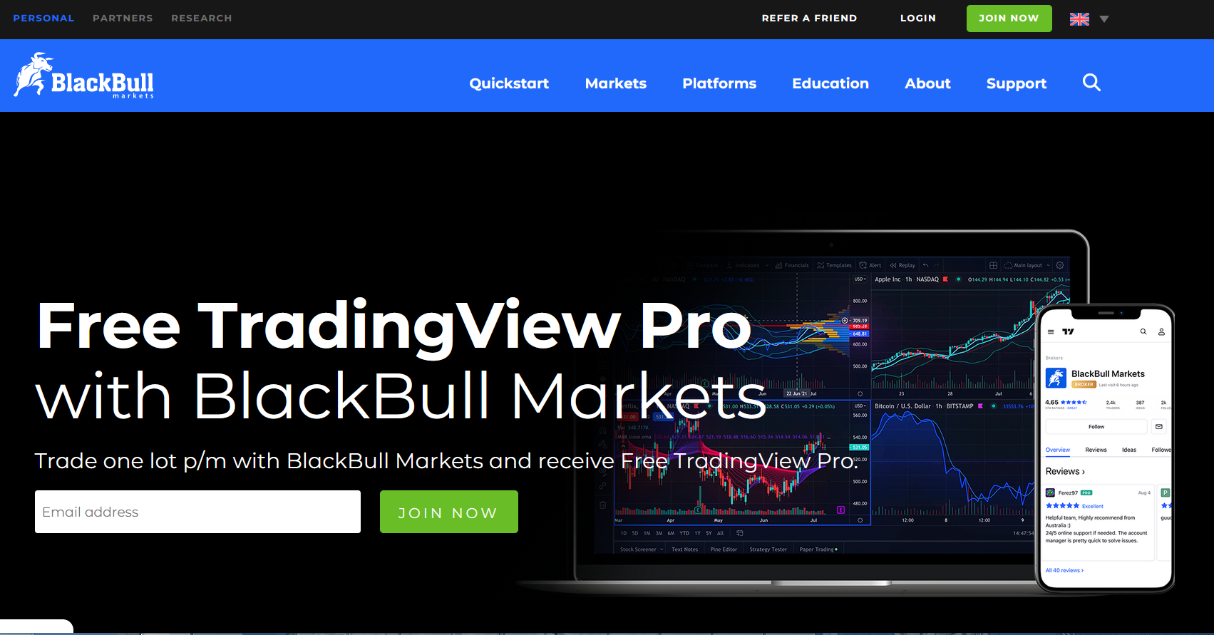 BlackBull Markets Website mit Infos zu TradingView 