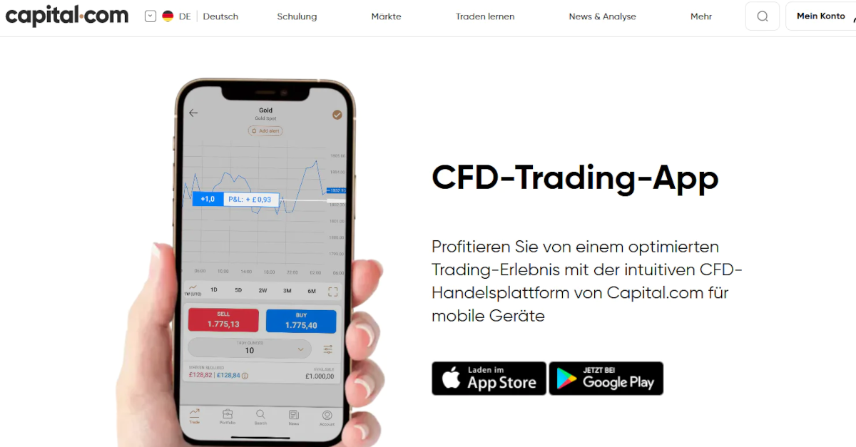 Capital.com Website mit Infos zur Trading App
