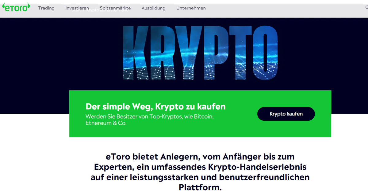 eToro Website mit Infos zum Krypto Handel