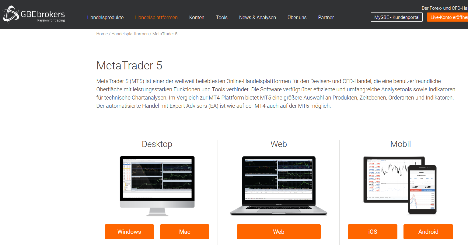 Metatrader 5 auf der GBE Brokers Website