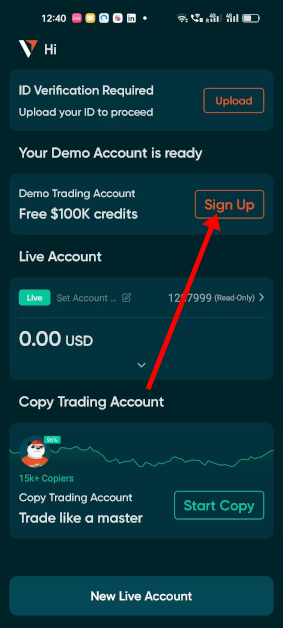 Erstellung eines Demokontos in der Vantage Markets Forex App