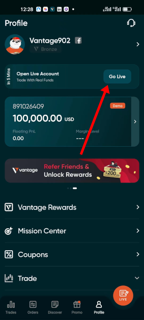 Erstellung eines Echtgeld Kontos in der Vantage Markets Forex App