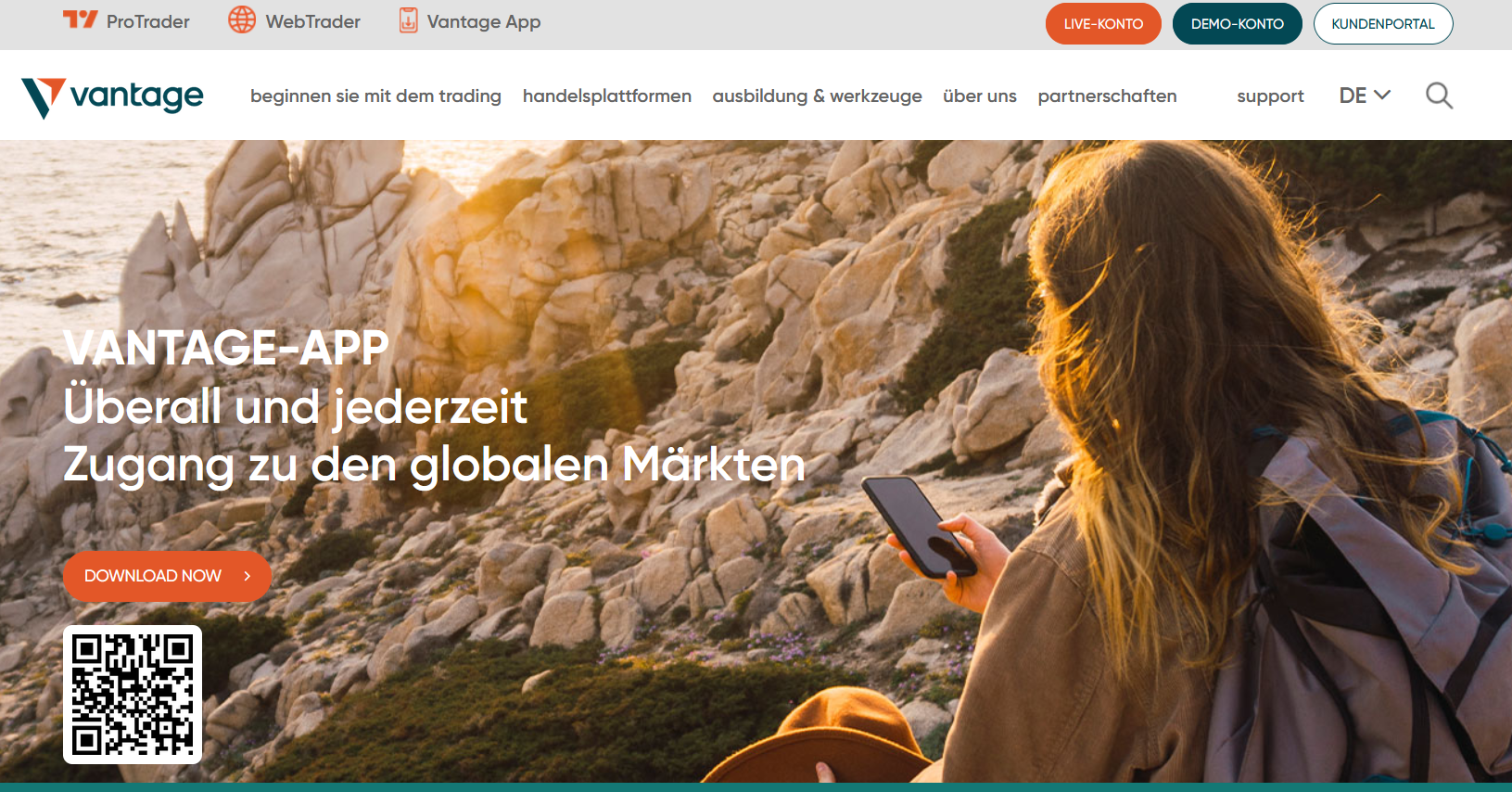 Vantage Markets Website mit Infos zur Forex App