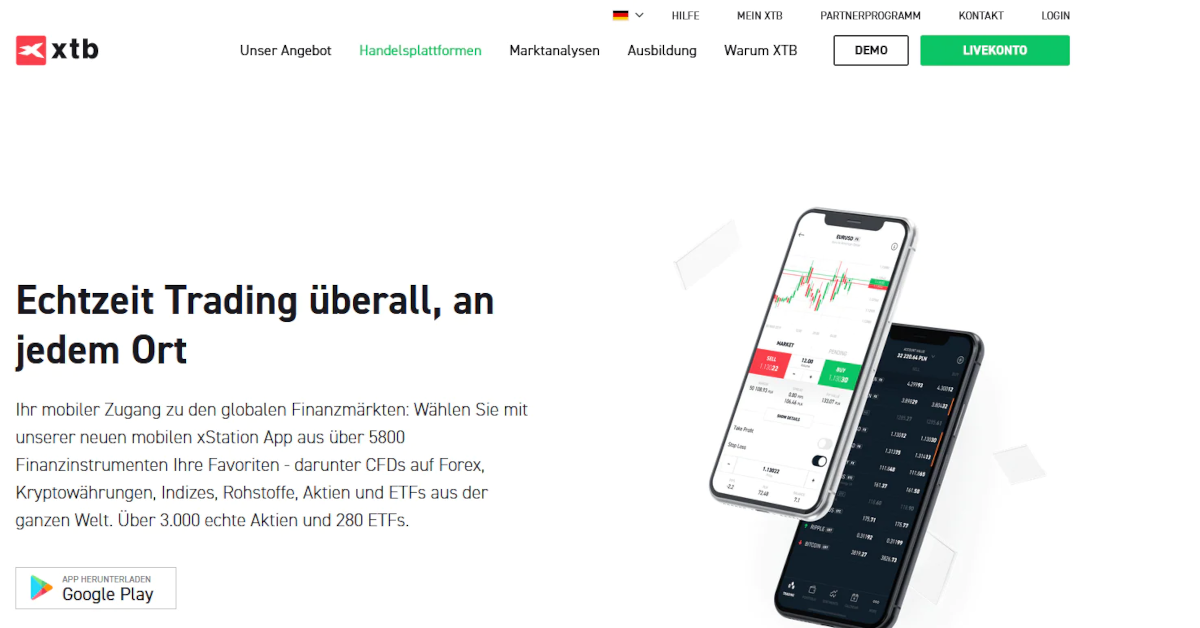 XTB Website mit Infos zur Trading App