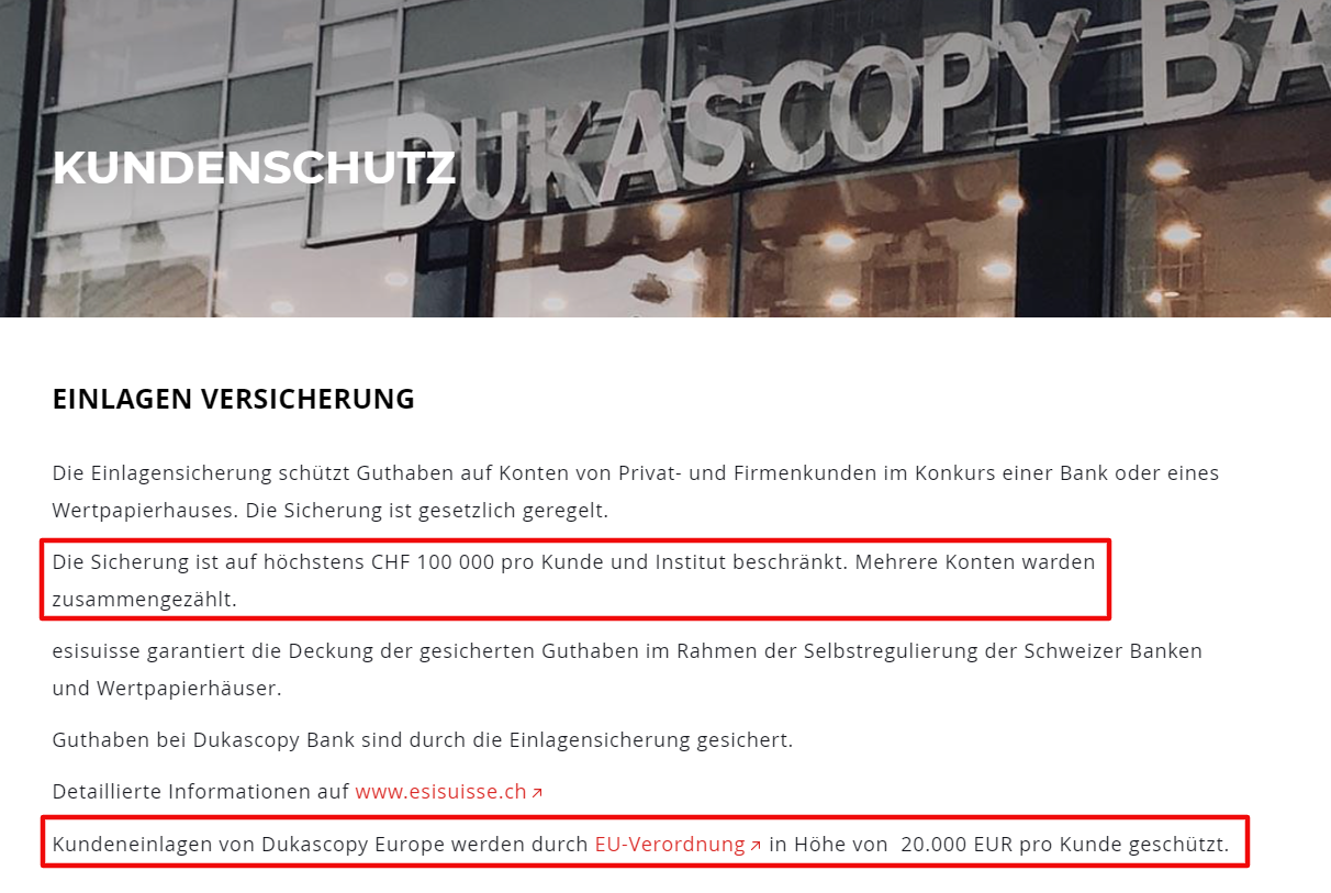 Auszug der Kundeinlagenbestimmungen bei der Dukascopy Bank für Schweizer Trader 