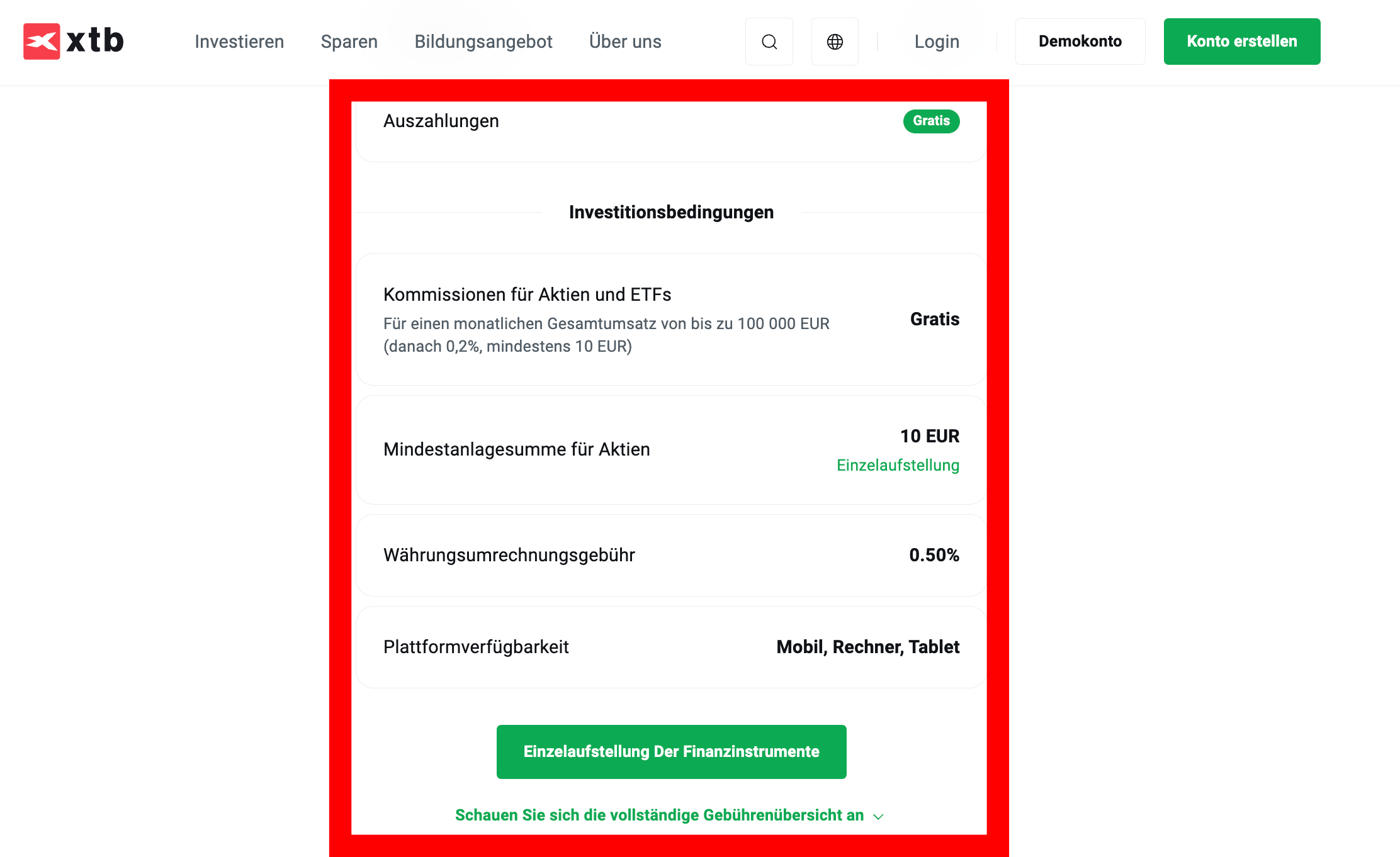 Gebühren bei Trading Broker XTB