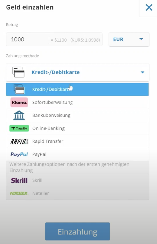 Geld bei eToro einzahlen