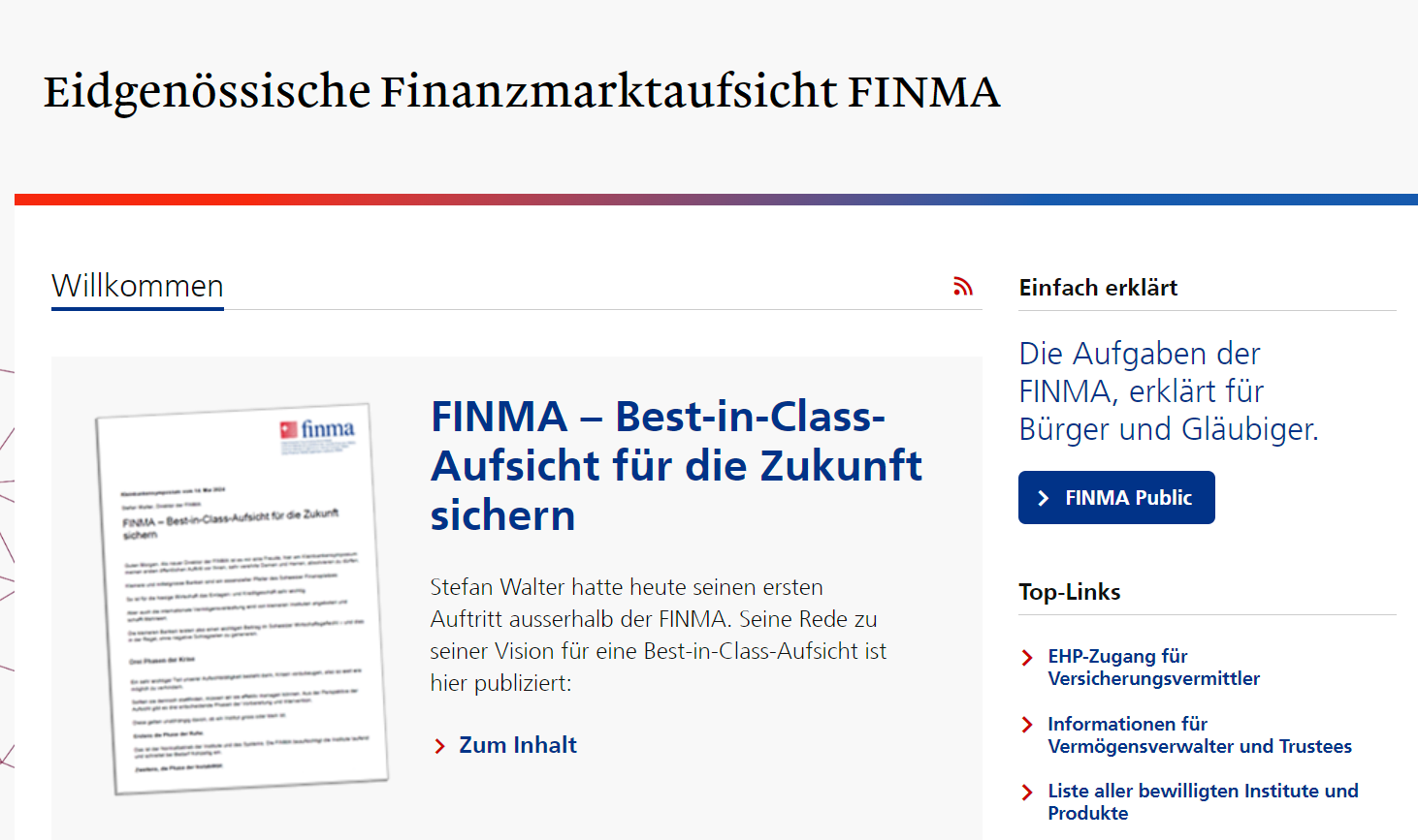 Webseite der Schweizer Finanzmarktaufsicht Finma