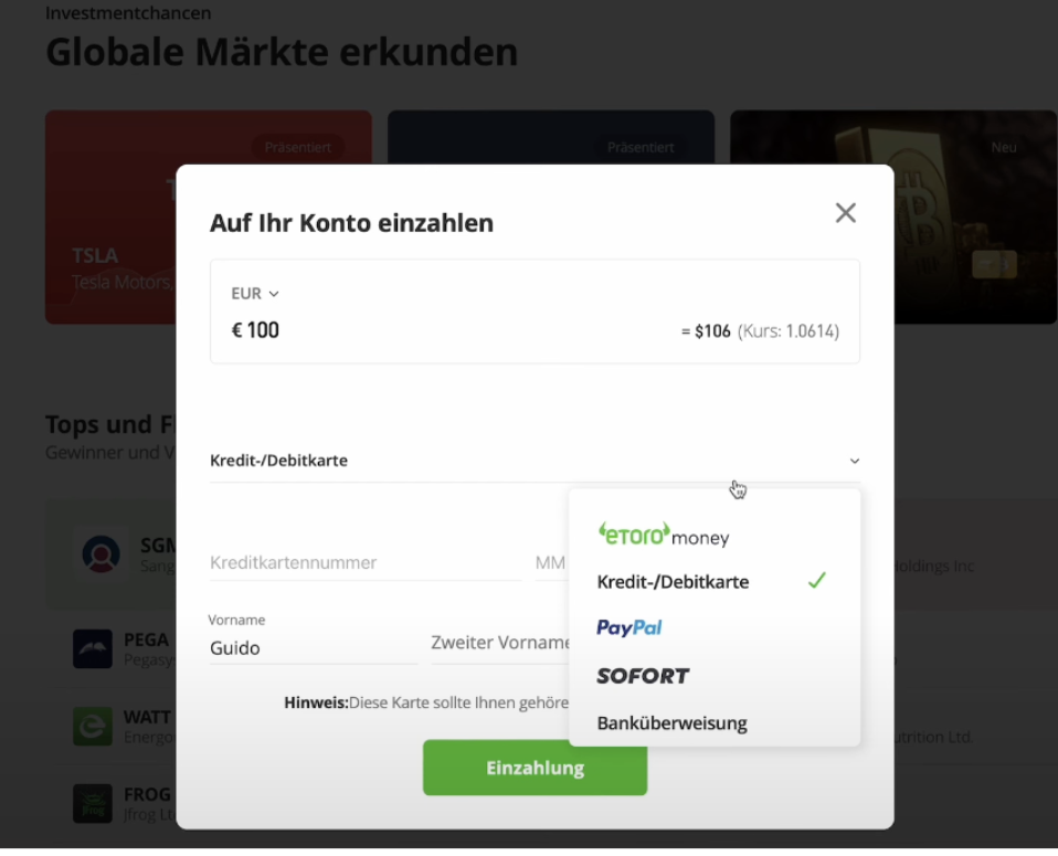 Einzahlungsmethoden um Aktien kaufen zu können beim Anbieter eToro 