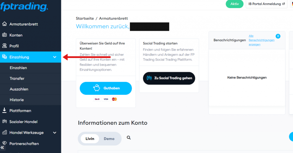 Einzahlung im Kundenmenü von FP Trading