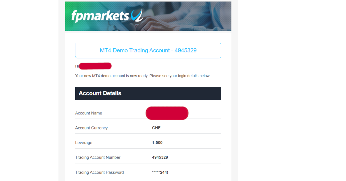 Bestätigungs-Email zur Demokontoeröffnung bei FP Markets