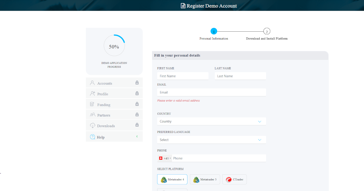 Registrierungsformular für ein Demokonto bei FP Markets