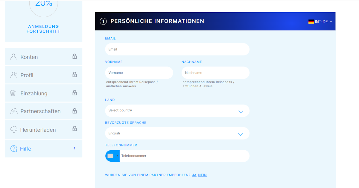 Dateneingabe im Registrierungsformular bei der Kontoeröffnung bei FP Trading