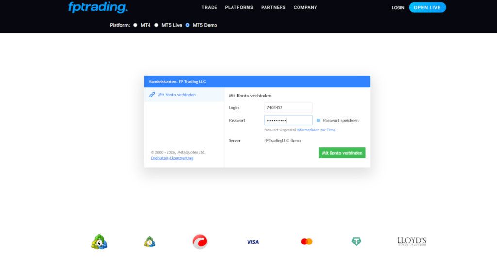 Login im Webtrader-Terminal von MT5 beim FP Trading Demokonto