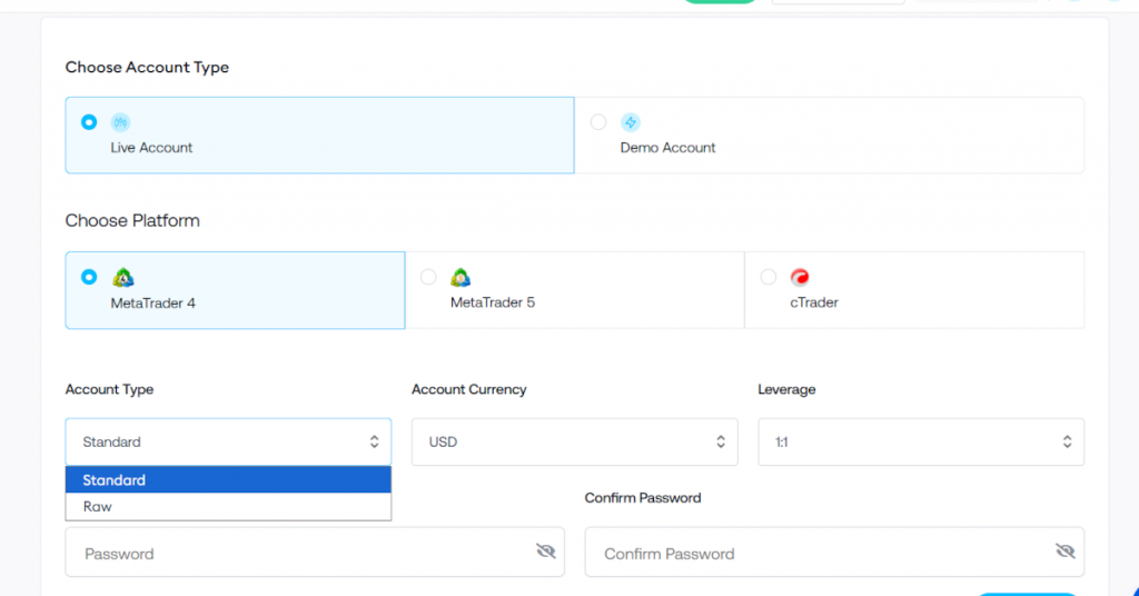 Auswahl von Plattform- und Kontotyp bei FP Trading