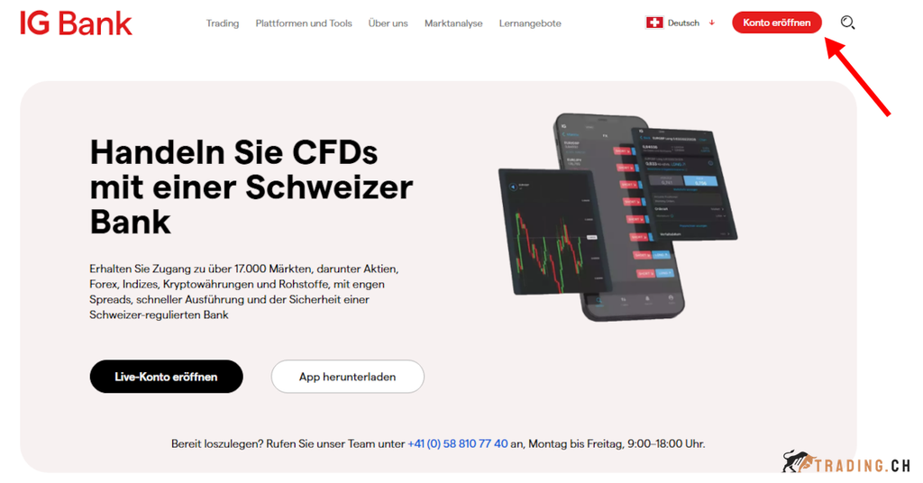 Startseite ig.com/ch, IG Bank, Button Konto eröffnen oben rechts, Antrag starten