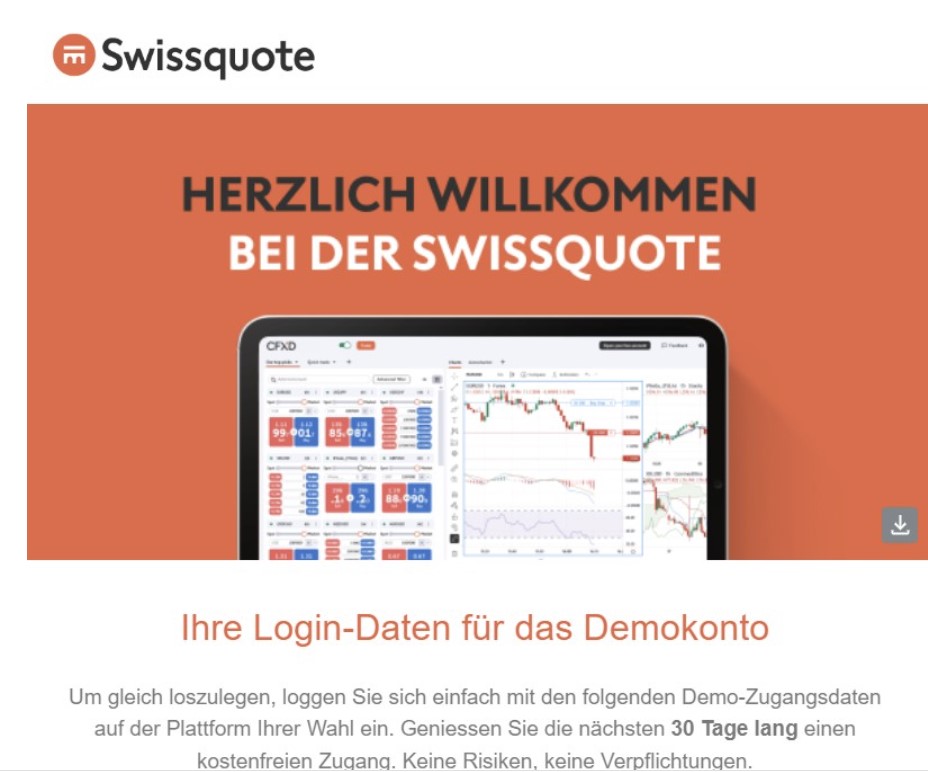 Bestätigungsnachricht für Trading Demokontoeröffnung bei Swissquote 