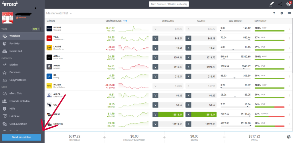 Geld Einzahlen bei eToro um Aktien zu handeln