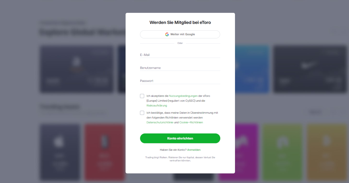 Registrierungsformular für die Kontoeröffnung bei eToro um Aktien zu handeln