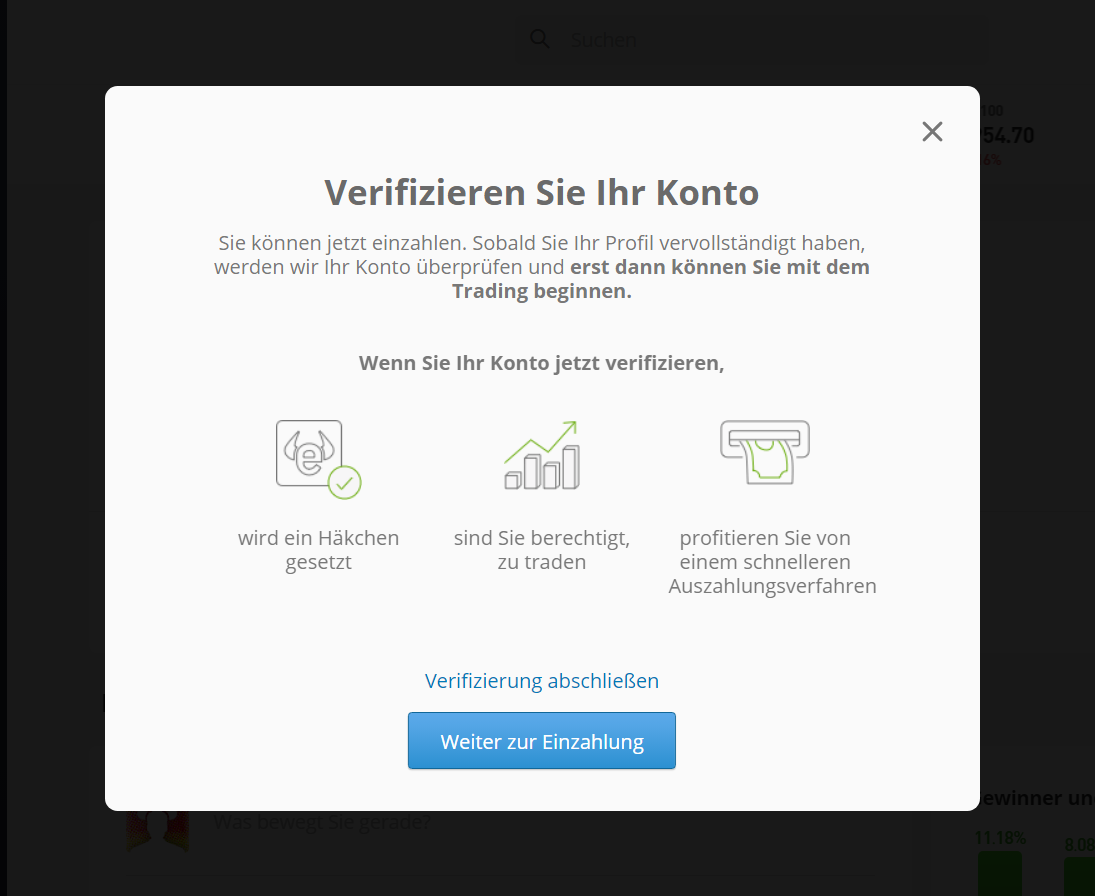 Kontoverfizierung bei eToro um Aktien zu handeln